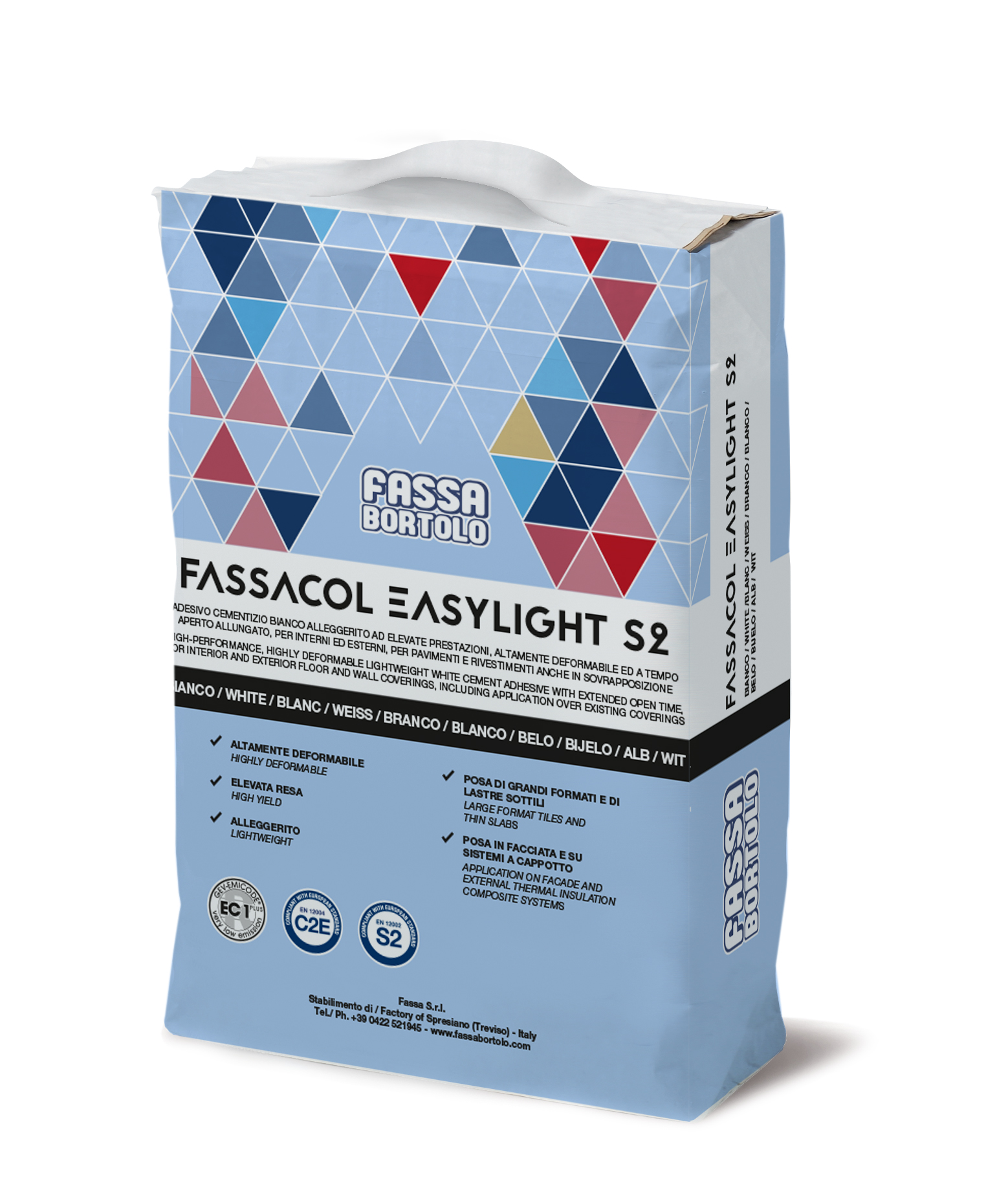 FASSACOL EASYLIGHT S2: Zementgebundener Einkomponenten-Leichtkleber von höchster Elastizität, in Weiß und Grau, für Boden- und Wandbeläge im Außen- und Innenbereich